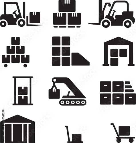 Logistics and warehouse icon set, storage and shipping operations vector silhouettes