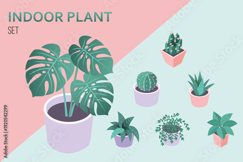 Isometric set of various potted indoor plants with vibrant green foliage