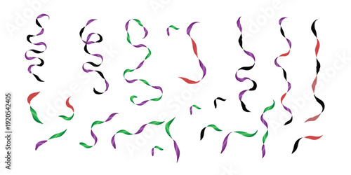 Confetti isolated. Golden, red, green, blue and purple Streamer Ribbons isolated.