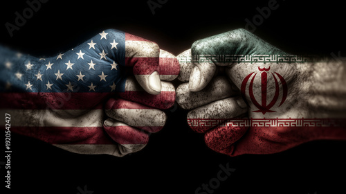 two fists with us flag and iranian flag symbolizing conflict tensions fight between two sides: usa and iran. isolated on black background