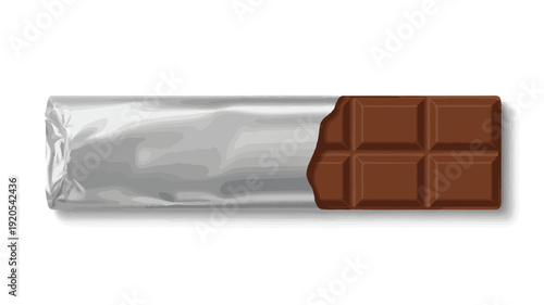 A delicious milk chocolate bar in its silver foil wrapper, with a few pieces unwrapped, ready to be savored, perfect for indulgence