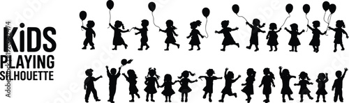 Kids playing silhouette collection with balloons, children jumping and dancing, cad drawing flat vector illustration, isolated black figures on white background, nursery design