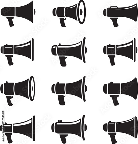 Megaphone and bullhorn icon set, black silhouette announcement and marketing vector symbols