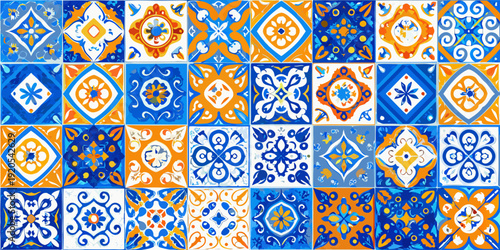 Intricate blue and orange floral tile pattern covering a surface