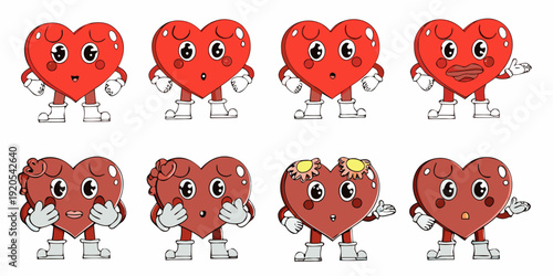 Animated hearts displaying a range of emotional expressions and poses
