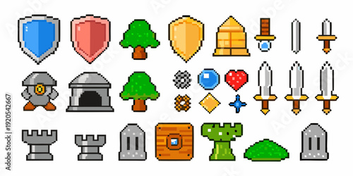 Pixel art fantasy icons depicting shields trees buildings and weaponry