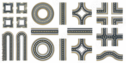 Variety of road segment layouts and intersections on a white background