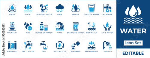 Pure drinking water ecology hydration and plumbing vector icon set