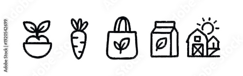 Set of hand-drawn organic farming and eco-friendly icons in a black crayon doodle style, featuring a sprout, carrot, tote bag, carton, and barn.