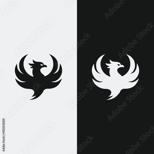 Phoenix bird logo design concept in black and white, symbolizing rebirth and rising power