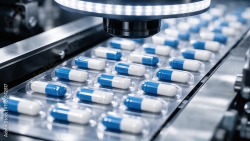 Pharmaceutical blister packs filled with blue and white capsules moving along a manufacturing line, undergoing automated visual inspection for quality control in a modern factory setting