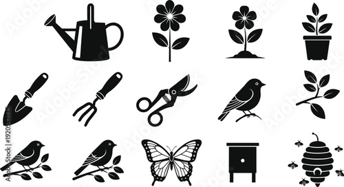 Black vector silhouette set of gardening icons including watering can flowers potted plants hand tools birds butterfly and beehive for nature and backyard branding