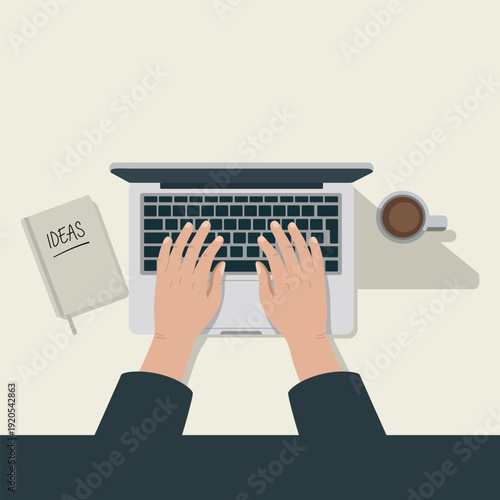 Top view hands typing laptop computer creative ideas notebook coffee cup on desk