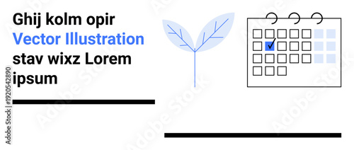 Time management, eco-friendly practices, sustainable planning, organization, deadlines, productivity. Minimalistic design a calendar with a checkmark and a leaf. Time management and eco-friendly