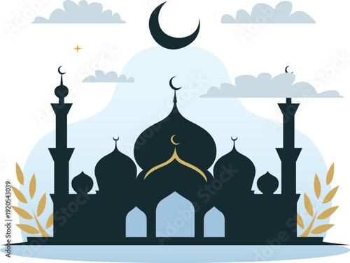 Serene mosque silhouette at night with crescent moon and stars, peaceful islamic scene