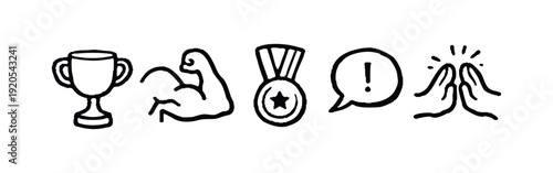 Set of hand-drawn icons representing success and achievement, featuring a trophy, flexing arm, medal, exclamation mark, and high five.
