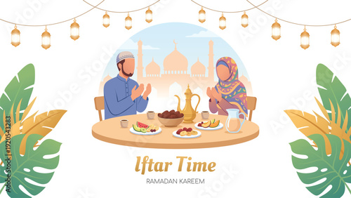 Muslim couple praying at iftar table with mosque background, Ramadan feast and togetherness