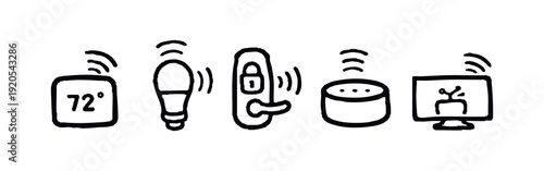 Hand-drawn doodle icons representing smart home technology including a thermostat, light bulb, smart lock, speaker, and TV.