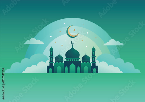 Islamic mosque silhouette with moon and stars background for ramadan kareem celebration event