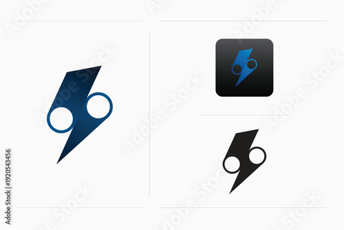 A sleek modern black and blue lightning bolt design with two circles, on a white background