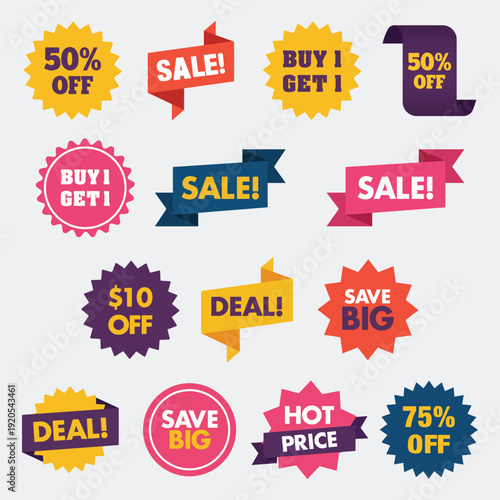 A collection of colorful retail sale badges and promotional discount labels in various shapes