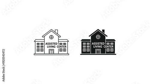 Assisted Living Center Building Icons in Simple Line Art Style with Monochromatic Color Scheme on White Background for Healthcare Branding