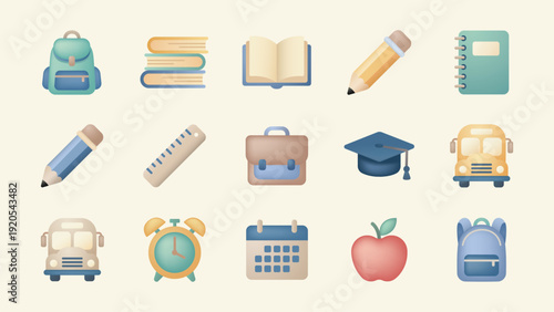 A grid of cute pastel educational icons including backpacks, books, pencils, and school buses