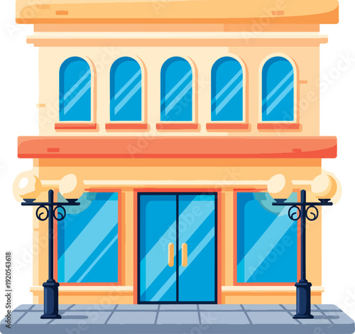 Colorful building with blue windows.