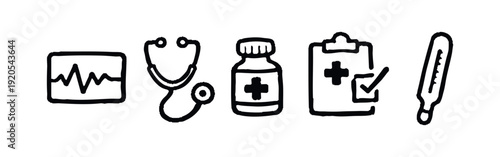 Set of hand-drawn medical icons including stethoscope, medicine bottle, heart rate, clipboard, and thermometer in a simple black doodle style.