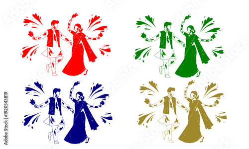 Vibrant Happy Holi Festival Colorful Couple Silhouette Set with Traditional Indian Man and Woman Dancing and Celebrating, Perfect for Spring Greeting Cards and Festive Decoration Designs