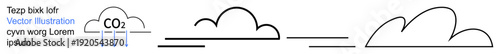 Climate change, greenhouse gases, environmental impact, CO2 reduction, atmospheric science, pollution. Diagram showing clouds with CO2 emissions. Climate change and greenhouse gases