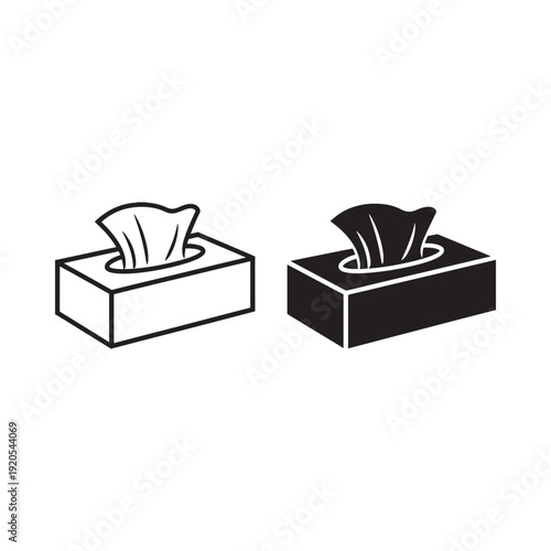 Two black and white illustrations of rectangular tissue boxes with pulled tissues