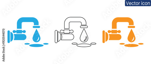 Set of modern leaking faucet icons in blue, black, and orange, perfect for web design or business projects