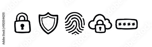 Set of hand-drawn cyber security icons featuring a padlock, shield, fingerprint, cloud storage, and password field on a white background.