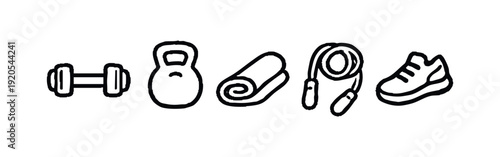 Hand-drawn fitness icons set with dumbbell, kettlebell, yoga mat, jump rope, and sneaker. Simple black and white gym equipment doodles.