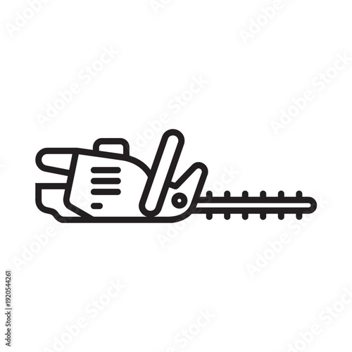 Black and white line art illustration of a cordless electric hedge trimmer