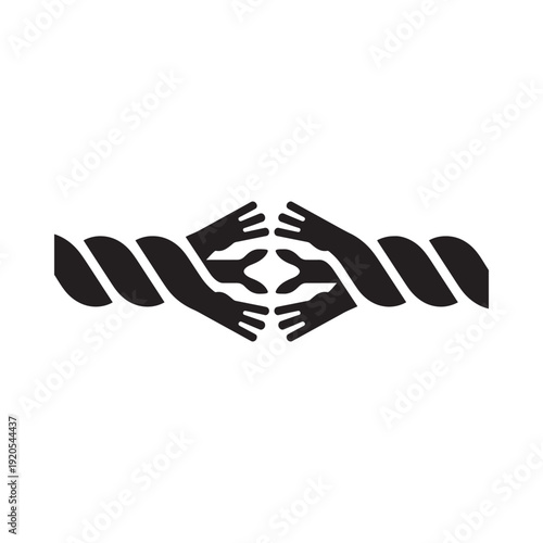 Abstract black and white graphic depicting hands and geometric shapes