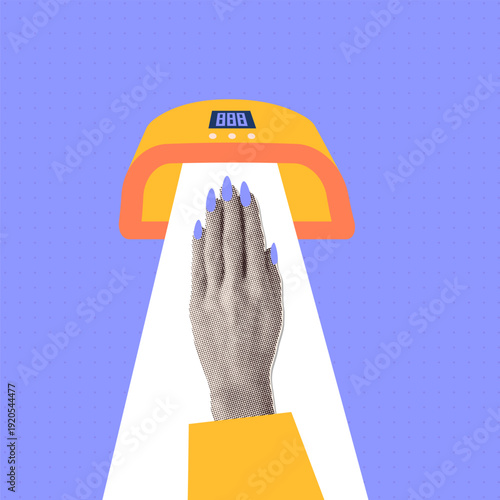 Stylish nail care realistic halftone hand and nails inside LED manicure lamp. Modern mixed-media artwork perfect for beauty tutorials, salon price lists, social posts and promo banners.