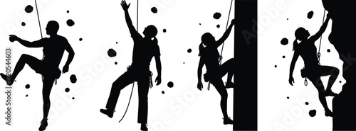 Black vector silhouette set of male and female rock climbers scaling steep indoor walls and outdoor cliffs for extreme sports adventure and fitness branding
