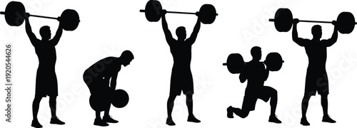 Black vector silhouette set of male weightlifters performing barbell exercises including overhead press squats and deadlifts for fitness gym workout and bodybuilding branding