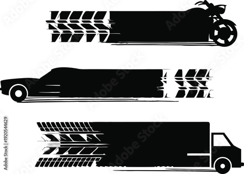 Grunge vehicle themed banners with tire track accents and rough edges