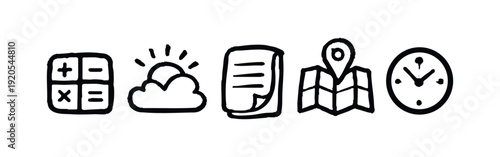 Set of five hand-drawn doodle icons including a calculator, weather, document, map with pin, and clock in a minimalist sketchy line art style.