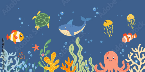 Colorful cartoon illustration of marine life swimming in a blue ocean