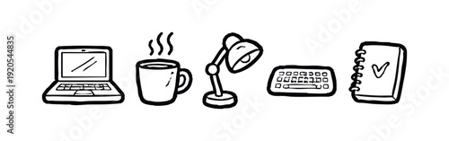 Hand-drawn workspace icons featuring a laptop, steaming coffee, desk lamp, keyboard, and to-do list notebook.