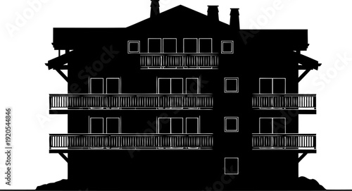 Alpine chalet silhouette displaying multiple balconies and sloped roof with chimneys