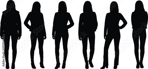 Black vector silhouette set of modern women in stylish outfits and casual jackets standing in diverse poses for fashion retail and lifestyle branding, cad drawing flat vector illustration