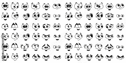 Collection of cartoon eyes and smiling mouths arranged in a grid pattern