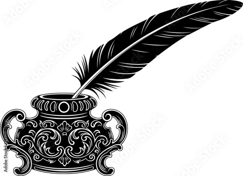 Antique quill pen resting inside an ornate decorative inkwell silhouette