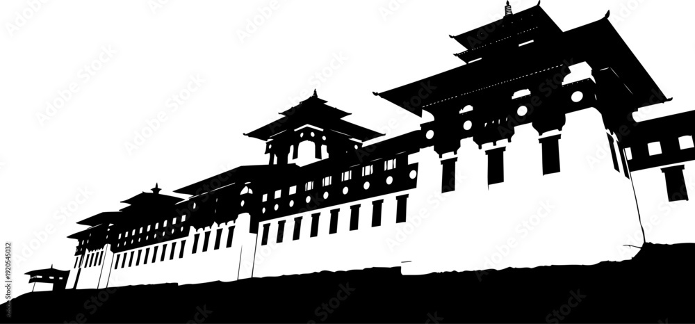 Obraz premium Bhutanese fortress silhouette standing against clear horizon