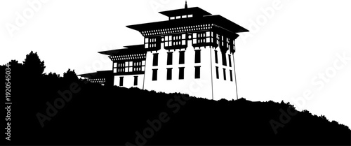 Bhutanese monastery outline situated on a forested mountain slope
